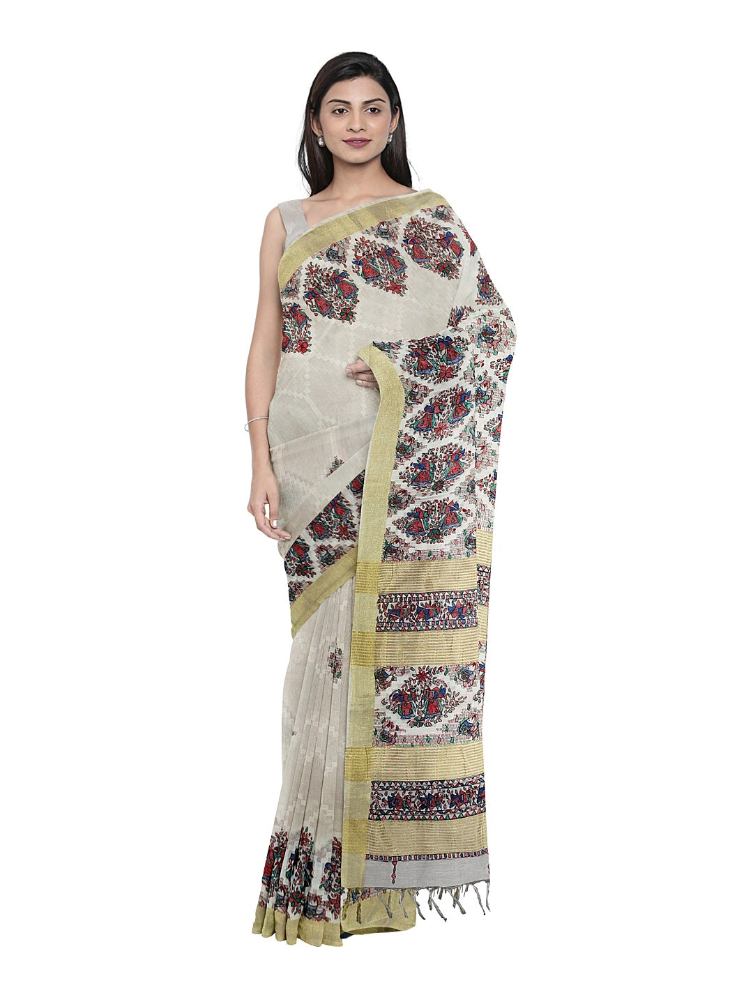 Handpainted Madhubani Kota Silk Saree in White with Zari Border